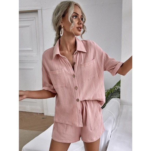 2 piece set: Breast Pocket Button Down Shirt & high waist Shorts coords tan - Picture 5 of 14